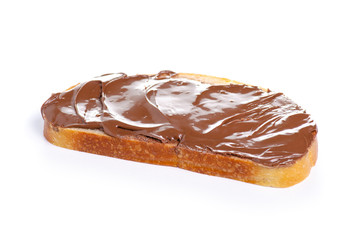 Bread with chocolate spread on white background isolation