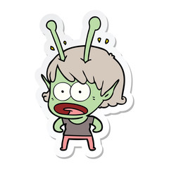 sticker of a cartoon shocked alien girl