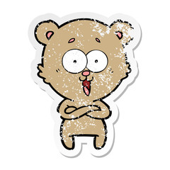 distressed sticker of a laughing teddy  bear cartoon