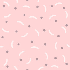Repeated round spots and curved short lines. Abstract seamless pattern for girls.