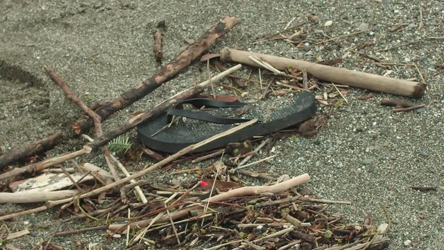Close-up of a flip-flop on the beach.