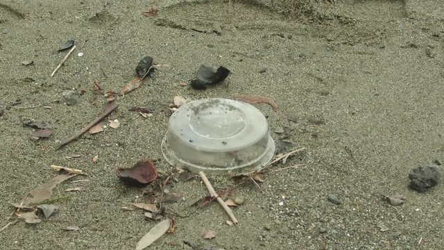 Close-up of plastic trash on the beach.
