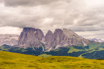 Alpe di Siusi, Seiser Alm with Sassolungo Langkofel Dolomite, a large green field with a mountain in the background