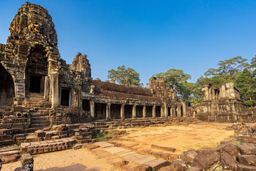 Bayon temple in Angkor Thom, Cambodia: first enclosure wall, galleries and face towers.