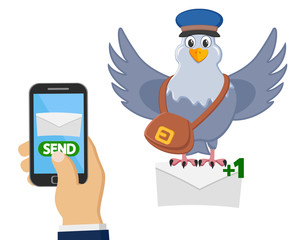 Carrier pigeon delivers a letter from a mobile phone on a white.