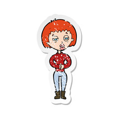 retro distressed sticker of a cartoon tired woman