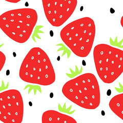 Seamless pattern with strawberry and seeds on a white background.