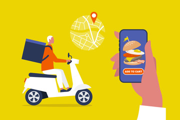 Food delivery service. Mobile application. Young male courier with a large backpack riding a motor bike. Flat editable vector illustration, clip art