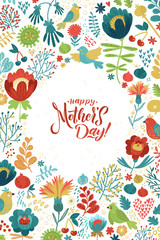 Happy Mothers Day Calligraphy Design on Floral Background. Vector illustration. Womans Day Greeting Calligraphy Design in Bright Colors. Template for a poster, cards, banner Vector illustration