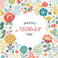 Happy Mothers Day Calligraphy Design on Floral Background. Vector illustration. Womans Day Greeting Calligraphy Design in Bright Colors. Template for a poster, cards, banner Vector illustration