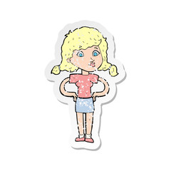 retro distressed sticker of a cartoon pretty girl with hands on hips