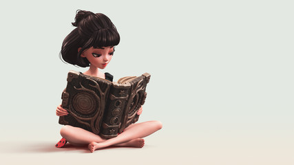 3d illustration of a cartoon young brunette girl sitting with legs crossed on the floor and reading an interesting large magic book. Surreal image of a curious girl reading spells from a giant book.