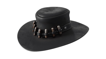 3d illustration of black cowboy hat with rusty bullets. Western gunslinger cowboy hat. Traditional accessories of American cowboys. Gangster hat of the wild west. 3D rendering on white background.