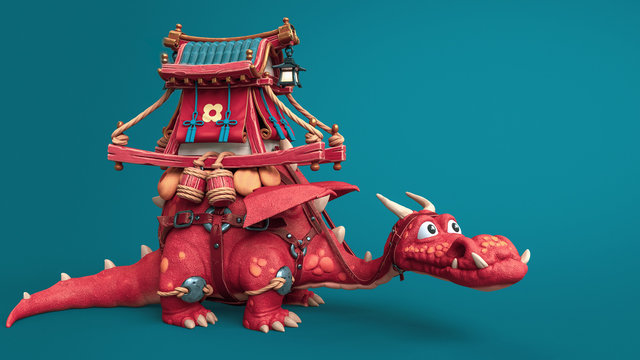 3d illustration of an Asian cute red cartoon dragon with trader's cart on his back. Fabulous road adventure on the dragon. Palanquin trader with bright colors and gold. 3d rendering on blue background