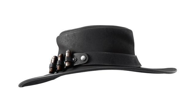 3d illustration of black cowboy hat with rusty bullets. Western gunslinger cowboy hat. Traditional accessories of American cowboys. Gangster hat of the wild west. 3D rendering on white background.