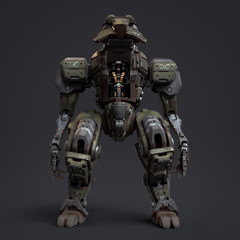 Fighting mech with an open cockpit door. Scratched Sci-fi Mech controlled by a pilot. Mech Pilot with fastened yellow seat belts. Girl wearing a futuristic VR helmet. 3D rendering on gray background. - obrazy, fototapety, plakaty