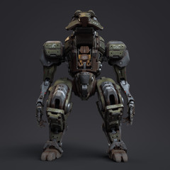Fighting mech with an open cockpit door. Mech controlled by a pilot. Sci-fi pilot's seat in the cockpit. Military futuristic battle robot. Scratched metal armor robot. 3D rendering on gray background