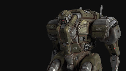 Fighting Sci-fi mech soldier. Military futuristic robot with a green and gray color metal. Mech controlled by a pilot. Scratched metal armor robot. Mech Battle. 3D rendering on a black background. © roman3d