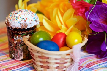 Easter cake and painted eggs. festive composition