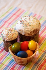 Obraz na płótnie Canvas Easter cake and painted eggs. festive composition