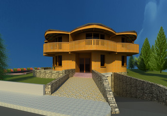 Wooden house 3D illustration. Timber made home, main entrance, sky background. Collection.
