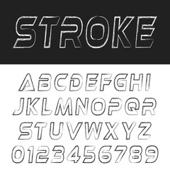 Stroke font alphabet template. Letters and numbers brush design