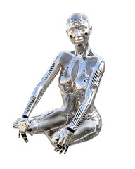 Dance robot woman. Metal shiny silver droid. Artificial Intelligence. Conceptual fashion art. Realistic 3D render illustration. Studio, isolate, high key.