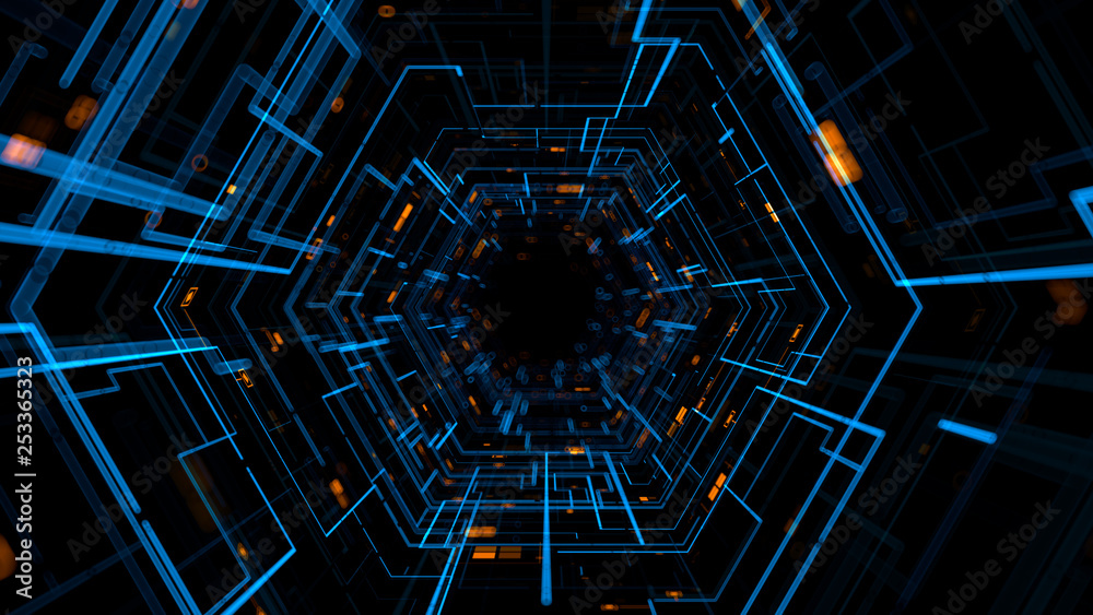 Poster 3d render abstract digital background with thick and thin lines. square particles. depth of field an