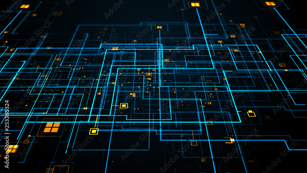 Poster 3d render abstract digital background with thick and thin lines. square particles. depth of field an
