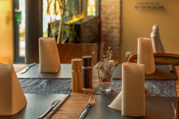 Fototapeta na wymiar Table decoration with salt and pepper in a restaurant. Concept: interior decoration and decoration