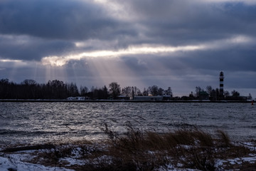 moderate storm in baltic sea near lighthouse