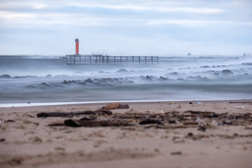 moderate storm in baltic sea near lighthouse