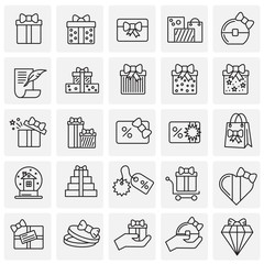 Gifts line icons set on squares background for graphic and web design. Simple vector sign. Internet concept symbol for website button or mobile app.