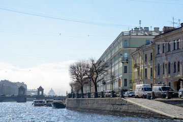 View of buildings, streets, bridges, rivers and canals of St. Petersburg, Russia.