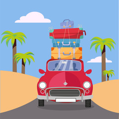 Treveling by red car with pile of luggage bags on roof near beach with palms. Summer tourism, travel, trip. Flat cartoon vector illustration. Car front View With stack Of suitcases