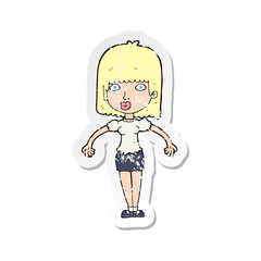 retro distressed sticker of a cartoon woman shrugging shoulders