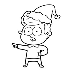 line drawing of a staring man wearing santa hat