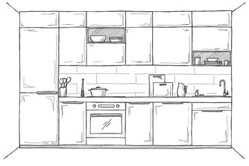 Sketch of the kitchen, front view. Vector