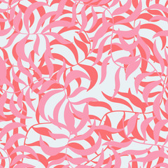 Fototapeta na wymiar Abstract floral seamless texture with coral pink red leaves of palm tree on grey background. Hand drawn shape branches. Cute surface pattern design textile. Wallpaper, wrapping templates. Vector