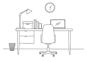 Sketch the workplace in front of the computer. Vector - 253368975