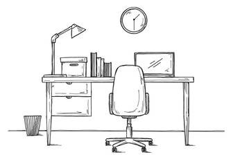 Sketch the workplace in front of the computer. Vector - 253369120