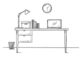 Sketch the workplace in front of the computer. Vector