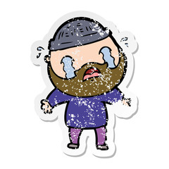 distressed sticker of a cartoon bearded man crying