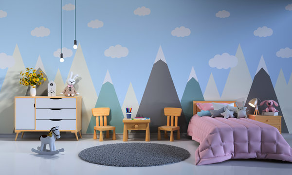 Child Bedroom Interior At Night, 3D Rendering