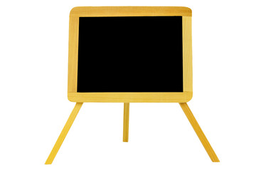 Black board isolated. Close-up of empty black board or chalkboard in wooden frame on easel isolated on a white background. Top view.