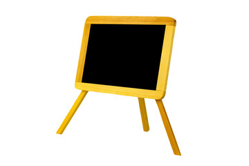 Black board isolated. Close-up of empty Black board or chalkboard in wooden frame on easel isolated on a white background.