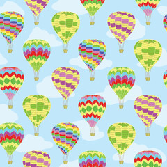 Colorful travel air balloons vector seamless pattern. Bright hot air balloons in sky illustration is perfect for travel themed projects, wallpaper, fabric, wrapping paper.