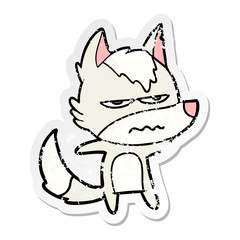 distressed sticker of a cartoon annoyed wolf