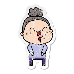 distressed sticker of a cartoon happy old woman