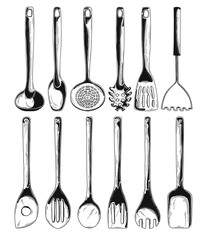 Kitchen utensils. Different spoons and other accessories. Isolated vector illustration on white background